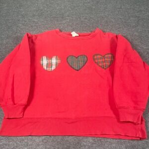 Moda International Sweater Womens‎ S Red Hearts Plaid Distressed Oversized 90s